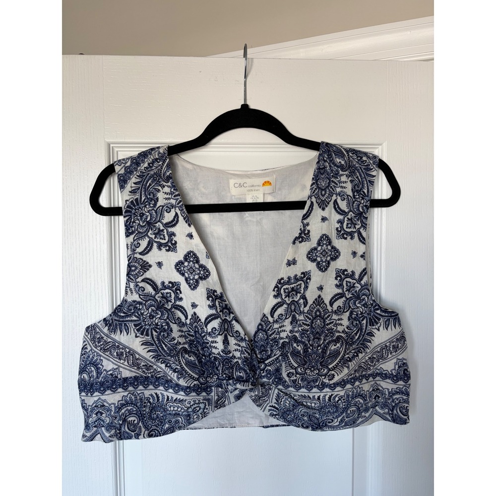 C&C California Linen Paisley Twist Front V-Neck Crop Top Blue White XL
